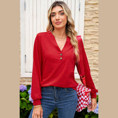 Racing Red Casual Button V Neck Long Sleeve Top