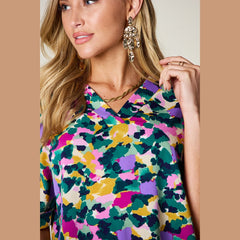 Double Take Full Size Printed V-Neck Short Sleeve Blouse