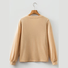 Racing Red Casual Button V Neck Long Sleeve Top