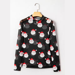 Black Christmas Santa Claus Slim Fit Mesh Long Sleeve Top