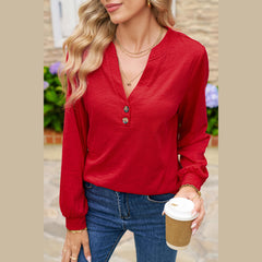 Racing Red Casual Button V Neck Long Sleeve Top