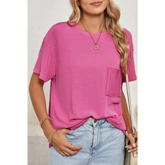 Turquoise Crinkle Rib Knit Pocketed LoS-L = OSe Fit Crew Neck T Shirt