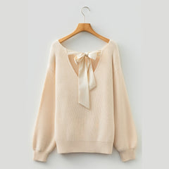 Red Dahlia Ribbed Knit Ribbon Knot Backless Drop Shoulder Sweater