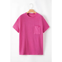 Turquoise Crinkle Rib Knit Pocketed LoS-L = OSe Fit Crew Neck T Shirt