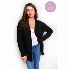 Women's Plus Long Sleeves Open Front Double Pocket Cable Knit Cardigan