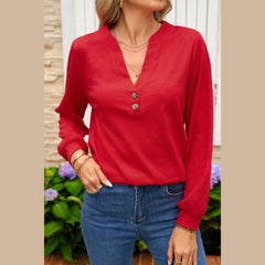 Racing Red Casual Button V Neck Long Sleeve Top
