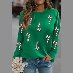 Green Christmas Candy Cane Graphic Sequins Patch Pullover Sweatshirt