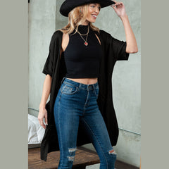 Black Dolman Half Sleeve Pocketed Long Cardigan