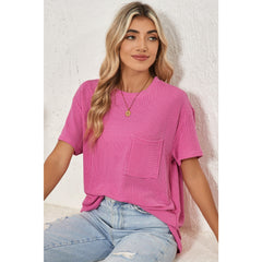 Turquoise Crinkle Rib Knit Pocketed LoS-L = OSe Fit Crew Neck T Shirt