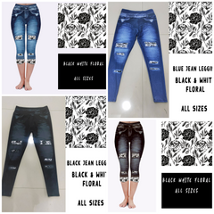 Faux Jeans with Black White accent Floral and Back Pockets