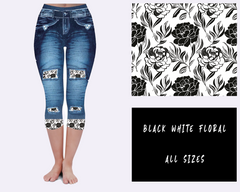 Faux Jeans with Black White accent Floral and Back Pockets