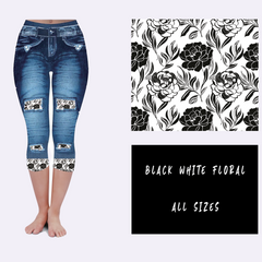 Faux Jeans with Black White accent Floral and Back Pockets