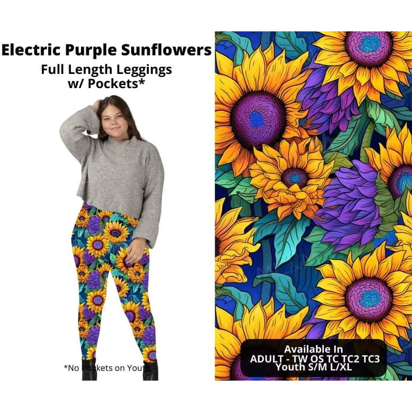 Electric Purple Sunflowers Full Length Leggings w/ Pockets