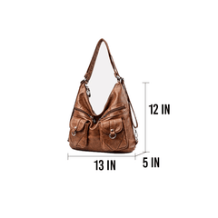 Convertible purse shoulder, or a backpack in black, gray, and tan