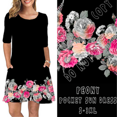 Peony Pocket Sun Dress – Black Floral Border Dress with Pockets | S–3XL Casual Summer Dress | Pink & Gray Flower Print Dress