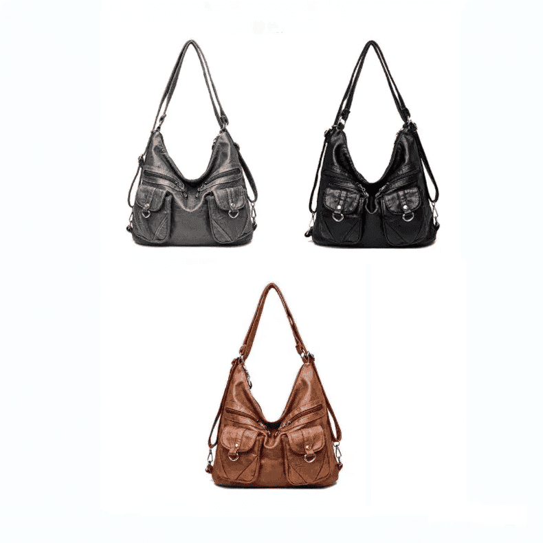 Convertible purse shoulder, or a backpack in black, gray, and tan