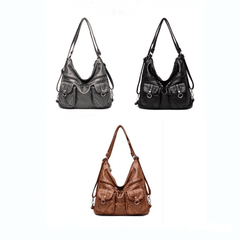 Convertible purse shoulder, or a backpack in black, gray, and tan