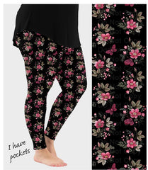 Black Floral Butterfly Leggings with Pockets – Pink Flower Yoga Pants Description: