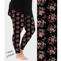 Black Floral Butterfly Leggings with Pockets – Pink Flower Yoga Pants Description: