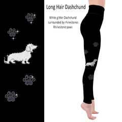 Long Haired Dachshund Rhinestone Leggings with Pockets - White or Black Glitter