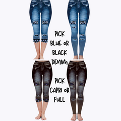 DARK FLORAL - DENIM RUN W/ BACK POCKETS - LEGGINGS/CAPRI