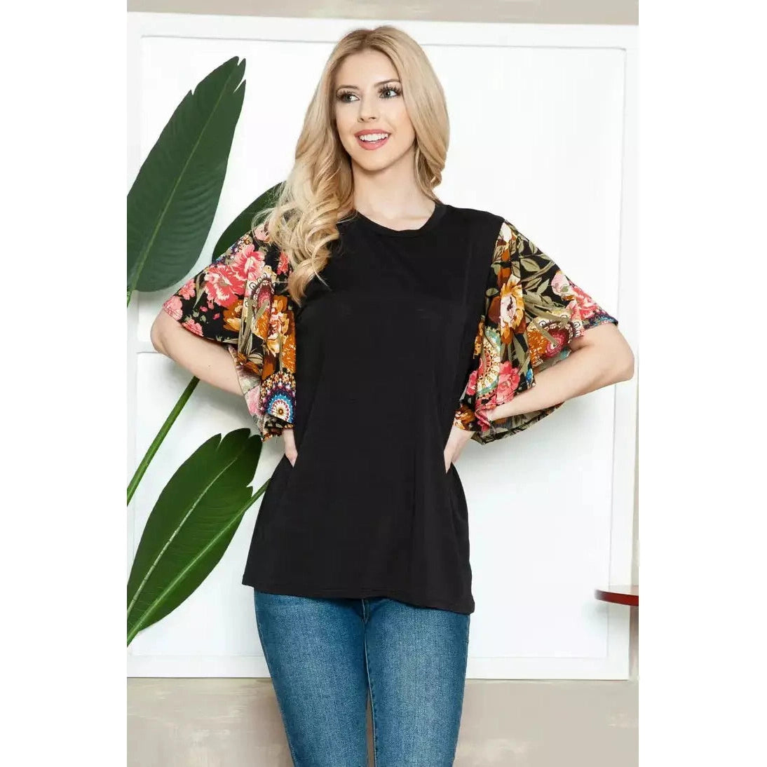Solid Black Floral on Black Short Sleeve Spring Top