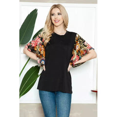 Solid Black Floral on Black Short Sleeve Spring Top