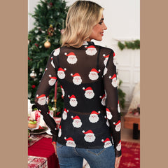 Black Christmas Santa Claus Slim Fit Mesh Long Sleeve Top
