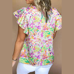Abstract Printed Ruffled Short Sleeve Notched Neck Blouse