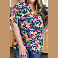 Double Take Full Size Printed V-Neck Short Sleeve Blouse