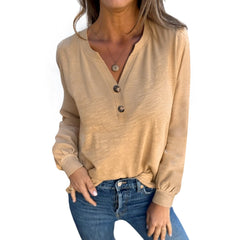 Racing Red Casual Button V Neck Long Sleeve Top