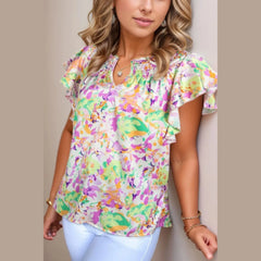 Abstract Printed Ruffled Short Sleeve Notched Neck Blouse