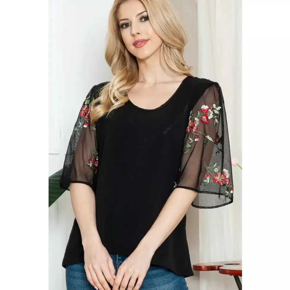 Solid Black Red Floral on Black Mesh Short Sleeve Spring Top