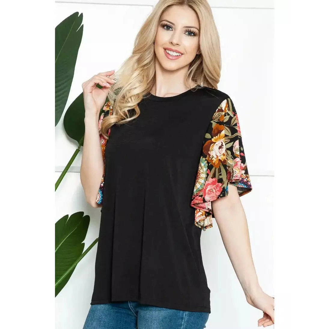 Solid Black Floral on Black Short Sleeve Spring Top