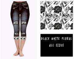 Faux Jeans with Black White accent Floral and Back Pockets