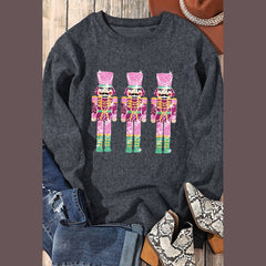 Black Nutcracker Graphic Sequins Patch Mineral Wash Corded Sweatshirt