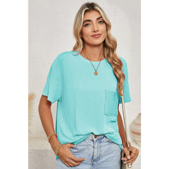 Turquoise Crinkle Rib Knit Pocketed LoS-L = OSe Fit Crew Neck T Shirt