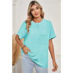 Turquoise Crinkle Rib Knit Pocketed LoS-L = OSe Fit Crew Neck T Shirt