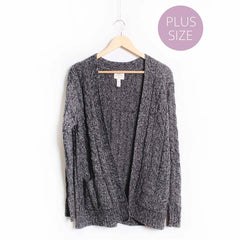 Women's Plus Long Sleeves Open Front Double Pocket Cable Knit Cardigan