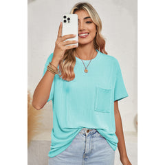 Turquoise Crinkle Rib Knit Pocketed LoS-L = OSe Fit Crew Neck T Shirt