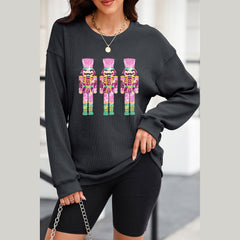 Black Nutcracker Graphic Sequins Patch Mineral Wash Corded Sweatshirt