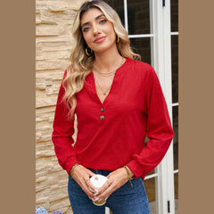 Racing Red Casual Button V Neck Long Sleeve Top