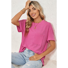 Turquoise Crinkle Rib Knit Pocketed LoS-L = OSe Fit Crew Neck T Shirt