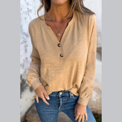 Racing Red Casual Button V Neck Long Sleeve Top