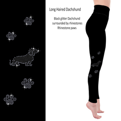 Long Haired Dachshund Rhinestone Leggings with Pockets - White or Black Glitter
