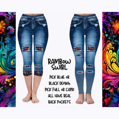 RAINBOW SWIRL - DENIM RUN W/ BACK POCKETS - LEGGINGS/CAPRI