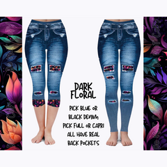 DARK FLORAL - DENIM RUN W/ BACK POCKETS - LEGGINGS/CAPRI