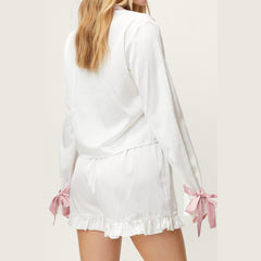Basic Bae Tied Cuff Collared Neck Top and Frill Shorts Lounge Set