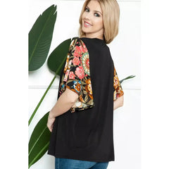 Solid Black Floral on Black Short Sleeve Spring Top
