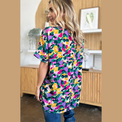 Double Take Full Size Printed V-Neck Short Sleeve Blouse